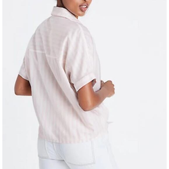 Madewell XS Pink White Striped Tie Front Button Down Short Sleeve Shirt - Picture 2 of 11